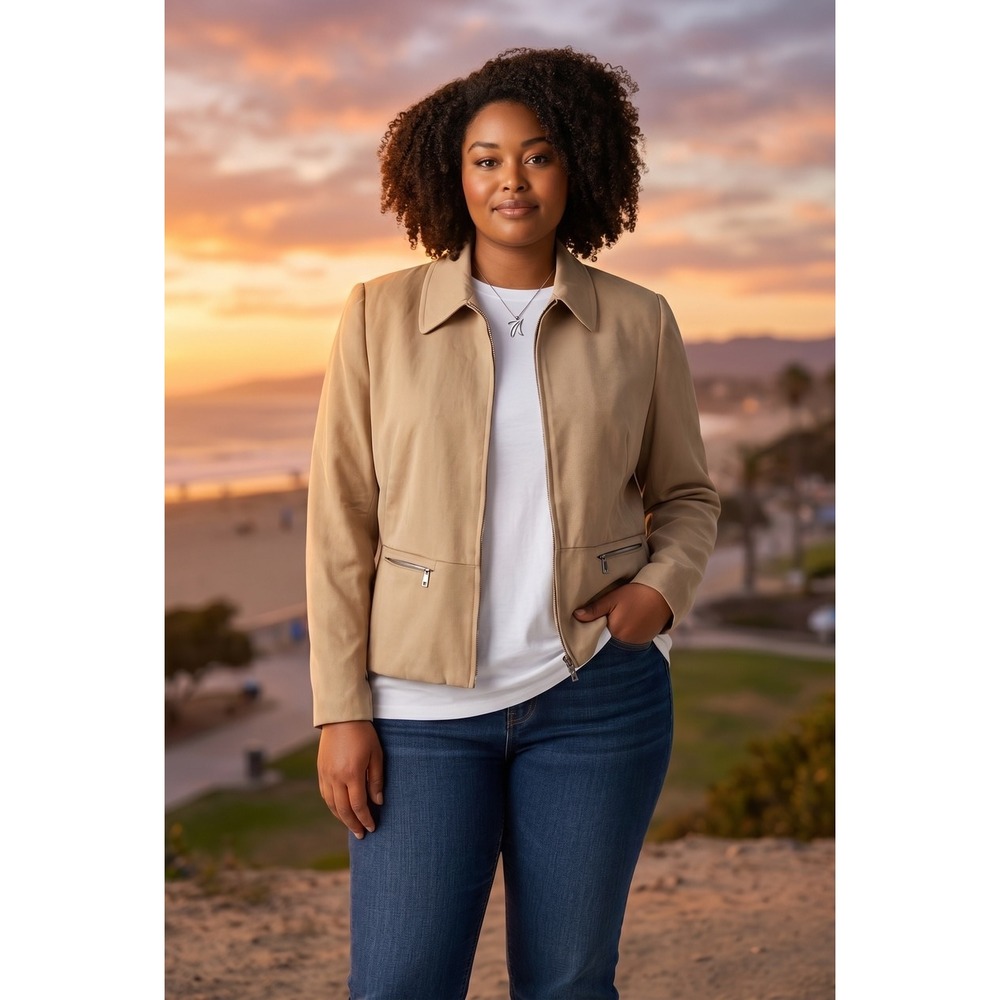 Tan Twill‎ Zip-Up Jacket with Pointed Collar and Zippered Pockets Womens Medium